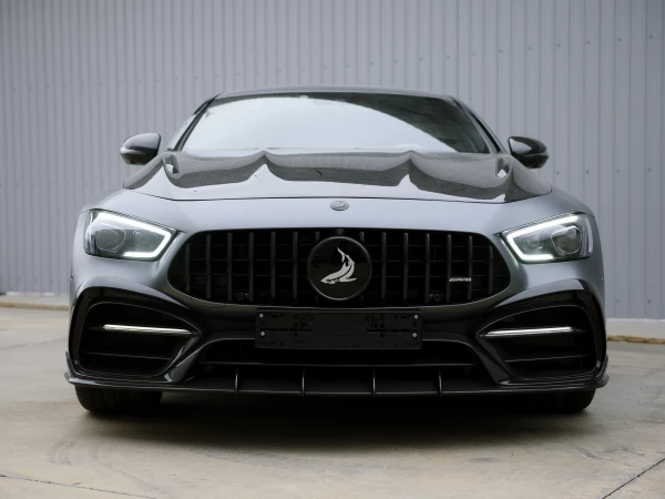 Mercedes-Benz AMG GT - вид спереди с логотипом Top Car и решетка радиатора с вертикальными ребрами